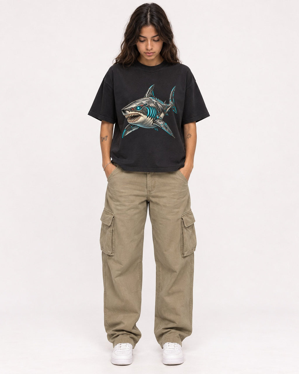 Mockup Boxy Heavyweight Tee Black female full-body 06
