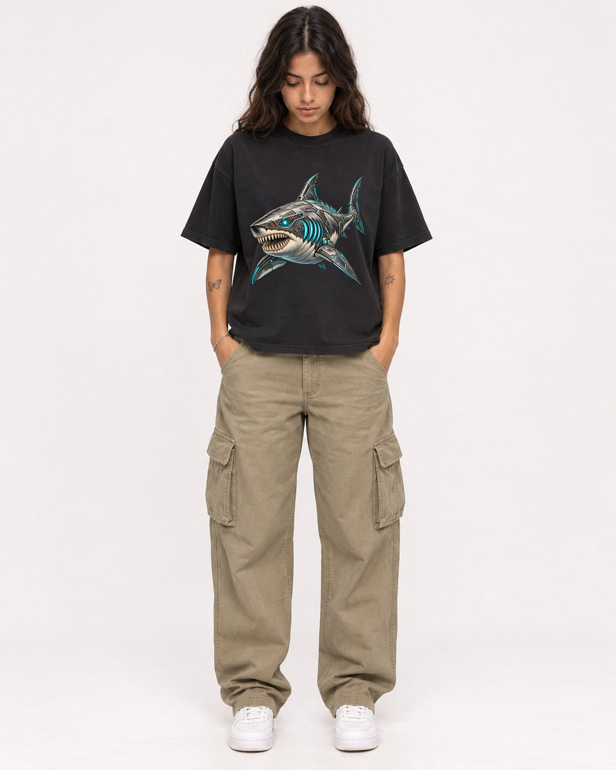 Mockup Boxy Heavyweight Tee Black female full-body 06