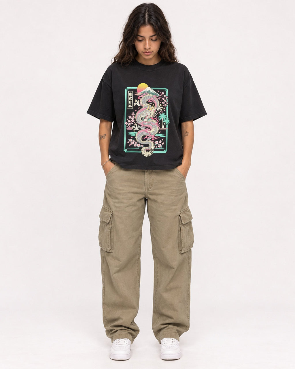 Mockup Boxy Heavyweight Tee Black female full-body 06