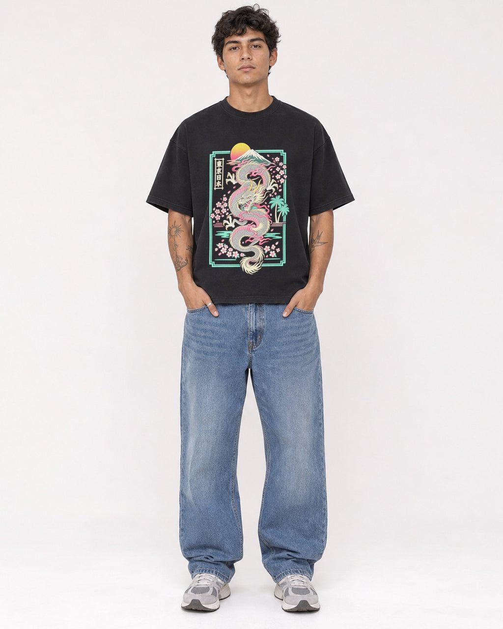 Mockup Boxy Heavyweight Tee Black male full-body 06
