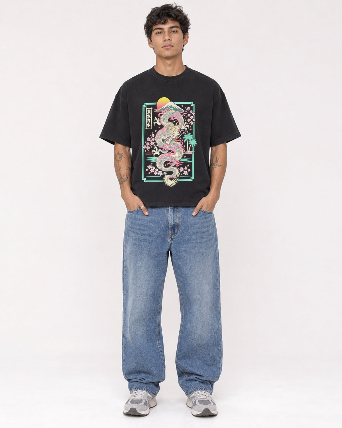 Mockup Boxy Heavyweight Tee Black male full-body 06
