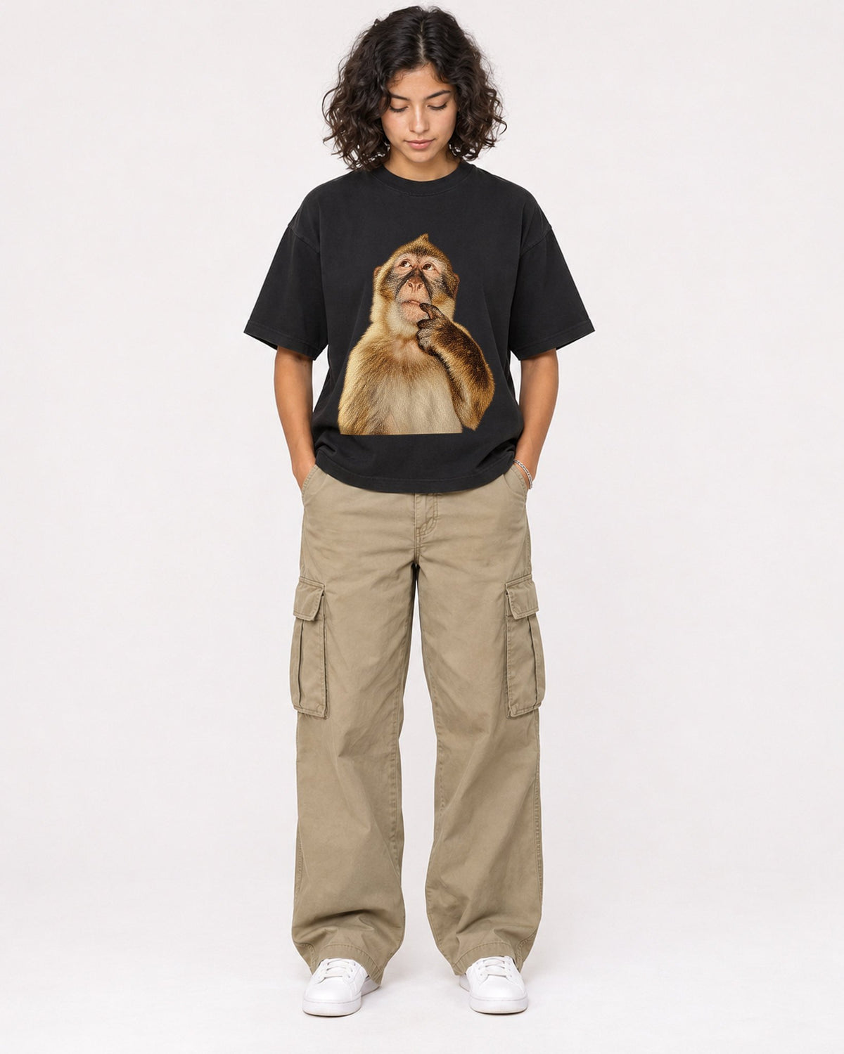 Mockup Boxy Heavyweight Tee Black female full-body 26