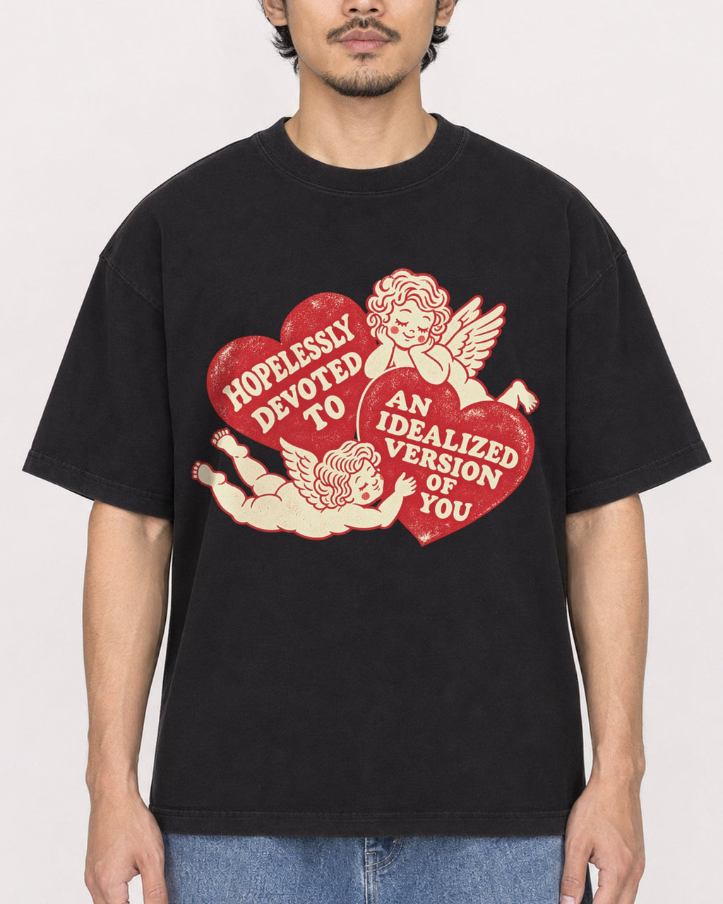 Mockup Boxy Heavyweight Tee Black male close-up 02
