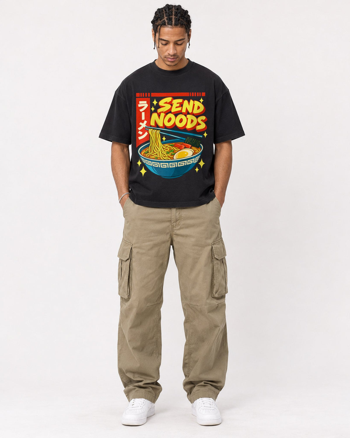 Mockup Boxy Heavyweight Tee Black male full-body 40