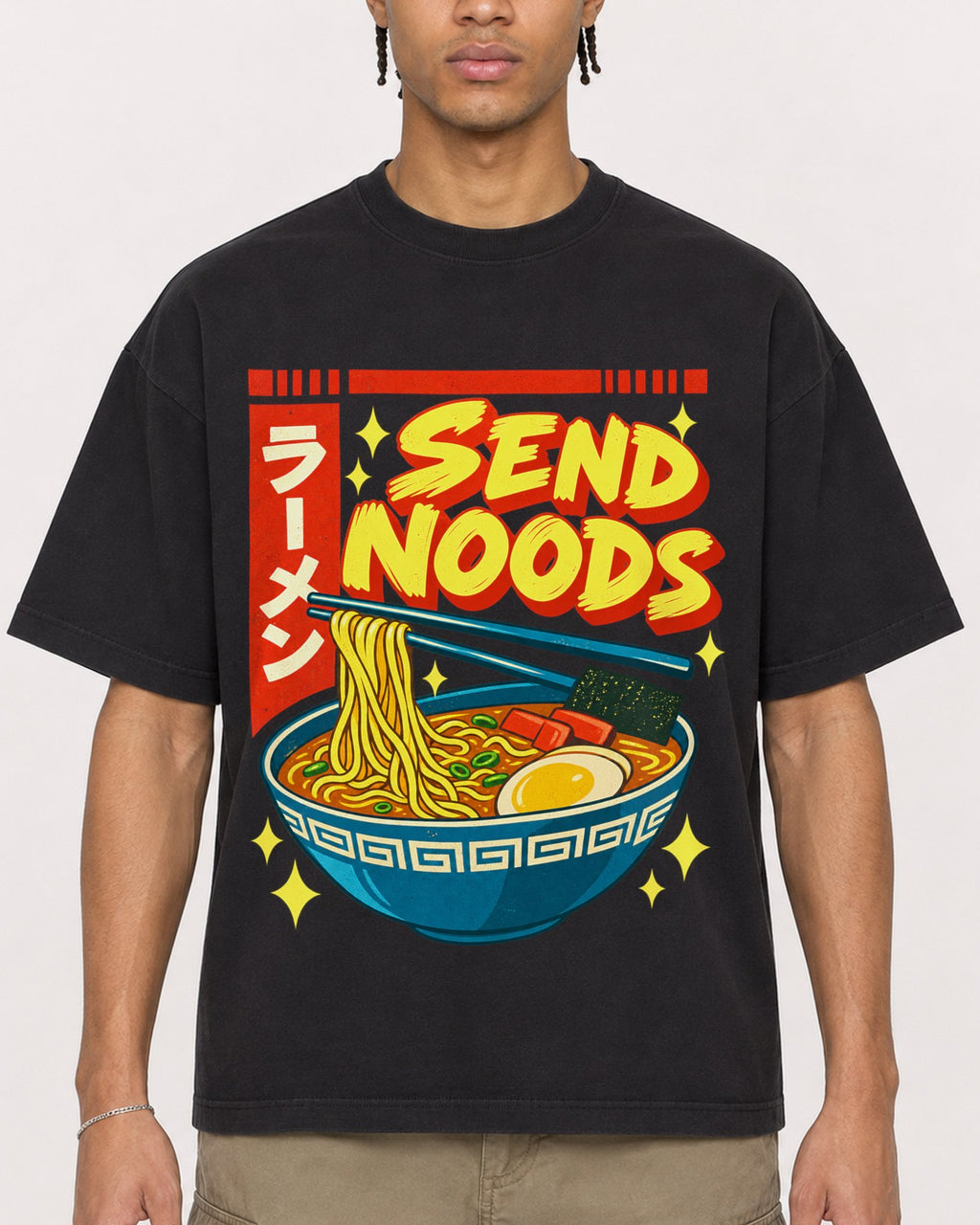 Mockup Boxy Heavyweight Tee Black male close-up 40