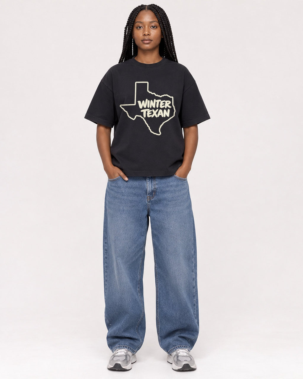 Mockup Boxy Heavyweight Tee Black female full-body 04