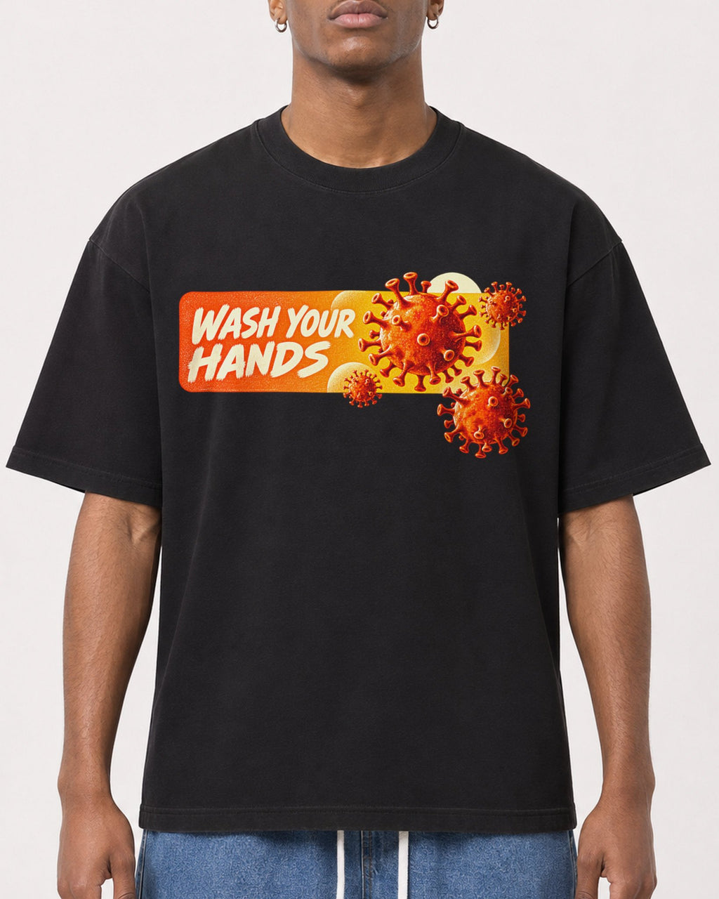 Mockup Boxy Heavyweight Tee Black male close-up 15