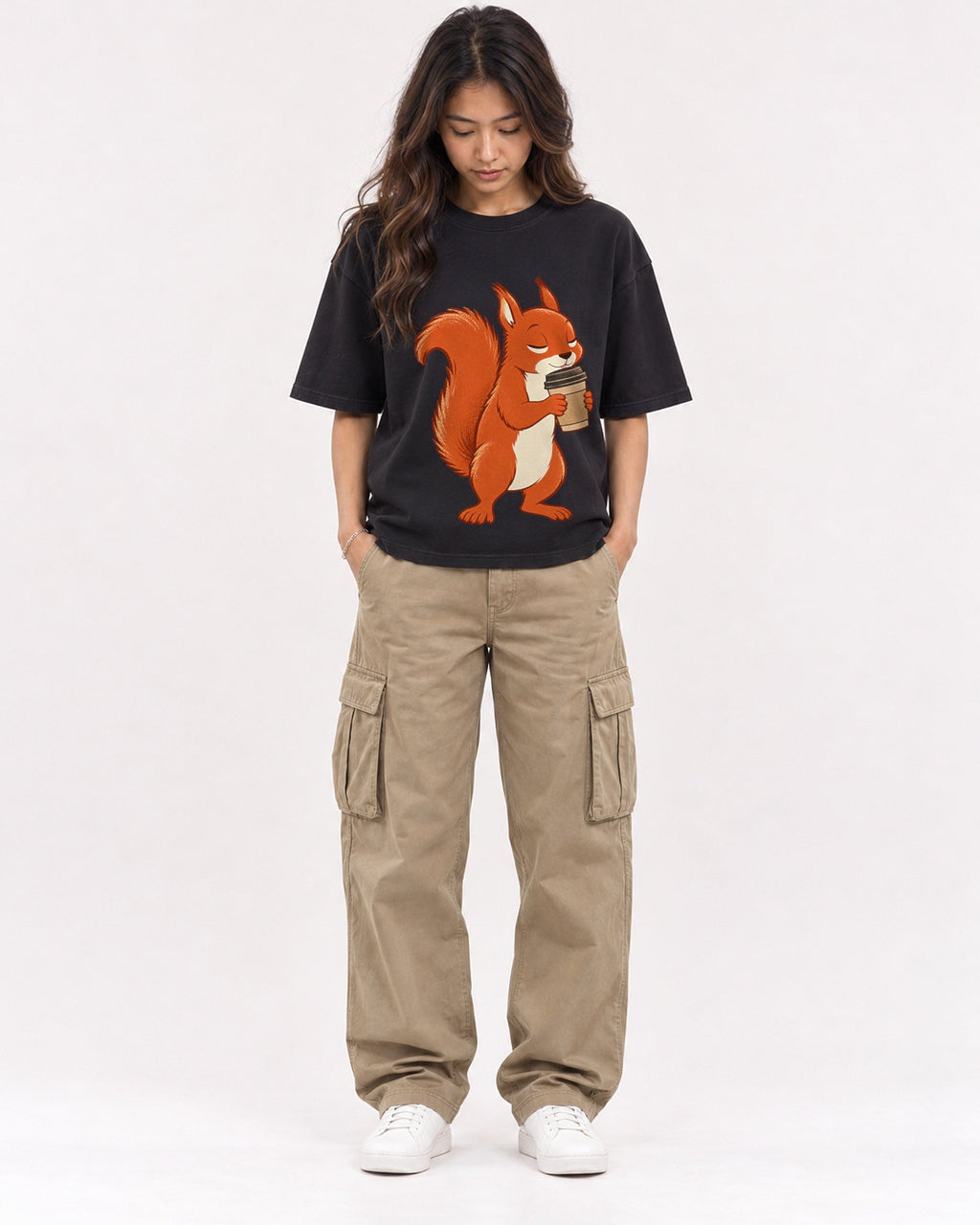 Mockup Boxy Heavyweight Tee Black female full-body 02