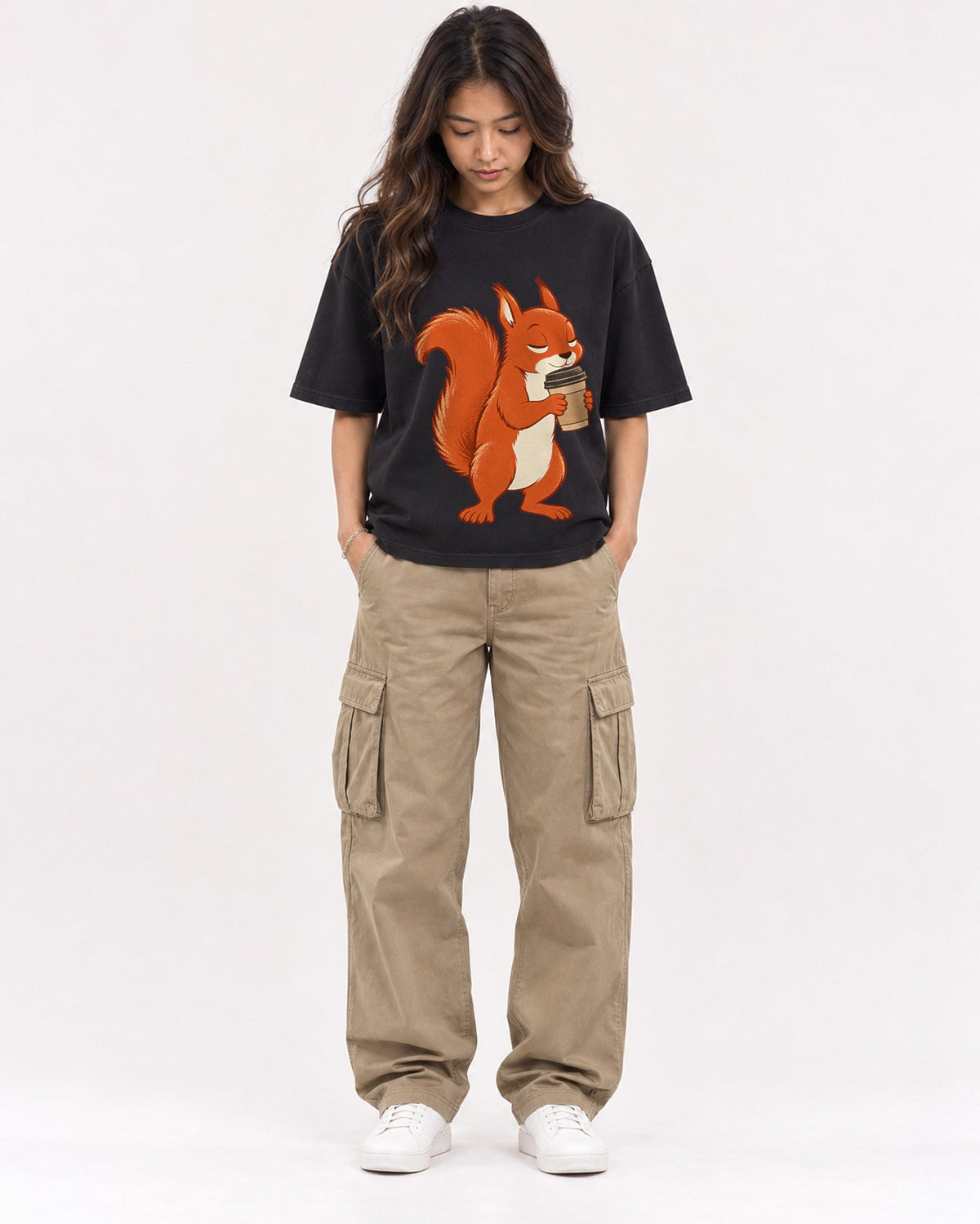 Mockup Boxy Heavyweight Tee Black female full-body 02