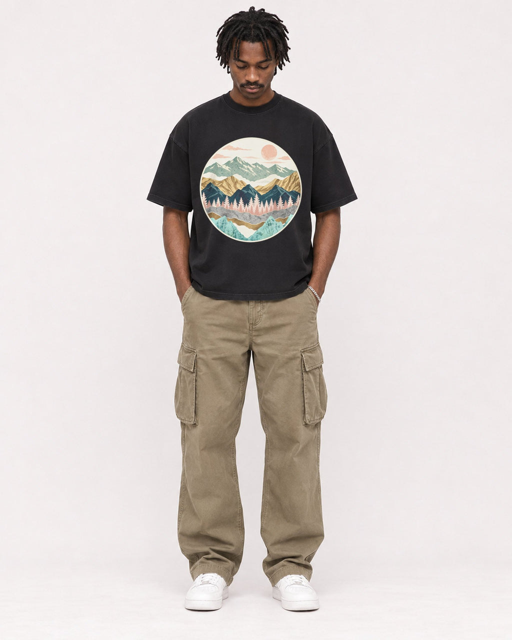 Mockup Boxy Heavyweight Tee Black male full-body 04