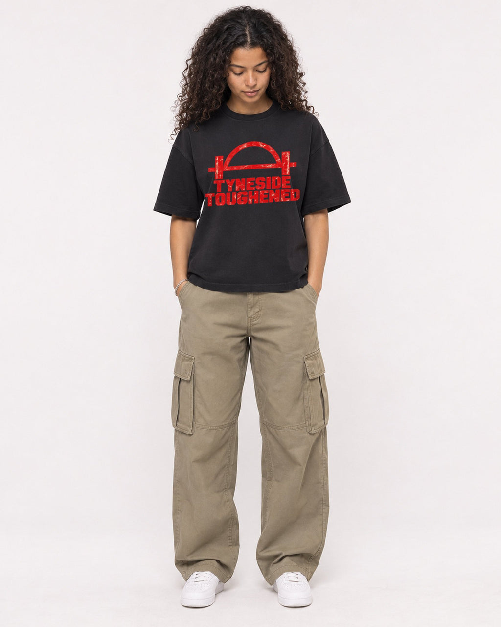 Mockup Boxy Heavyweight Tee Black female full-body 10