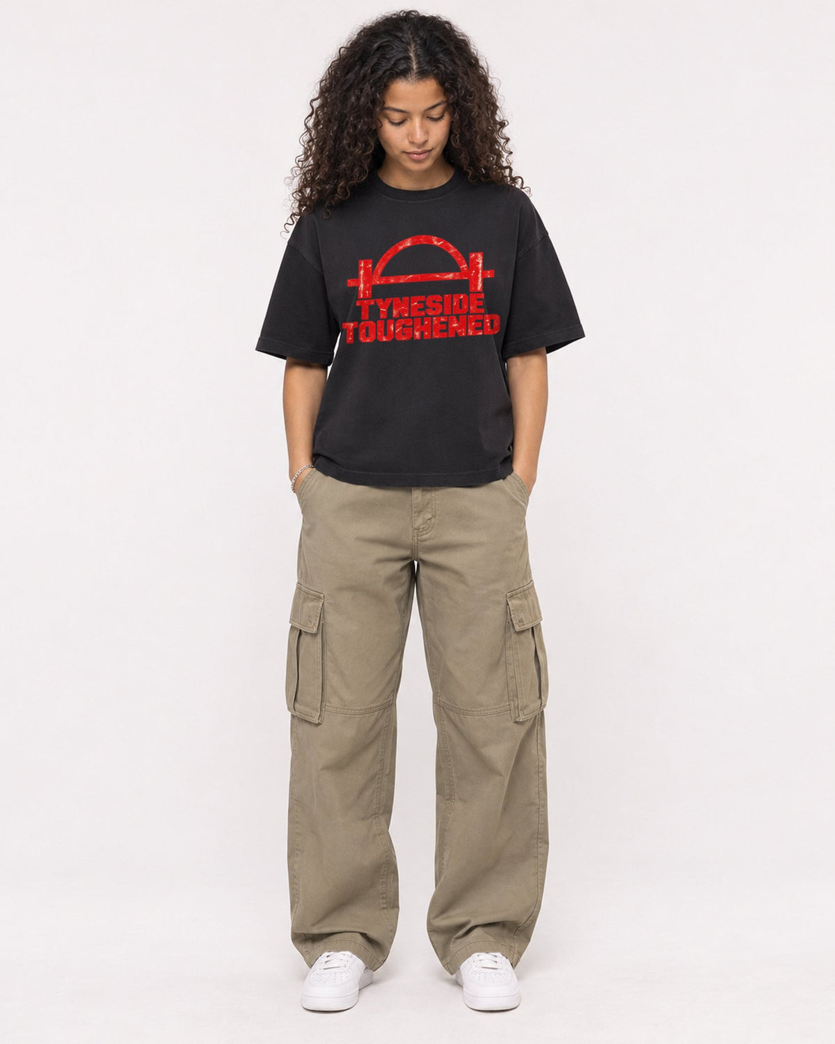 Mockup Boxy Heavyweight Tee Black female full-body 10