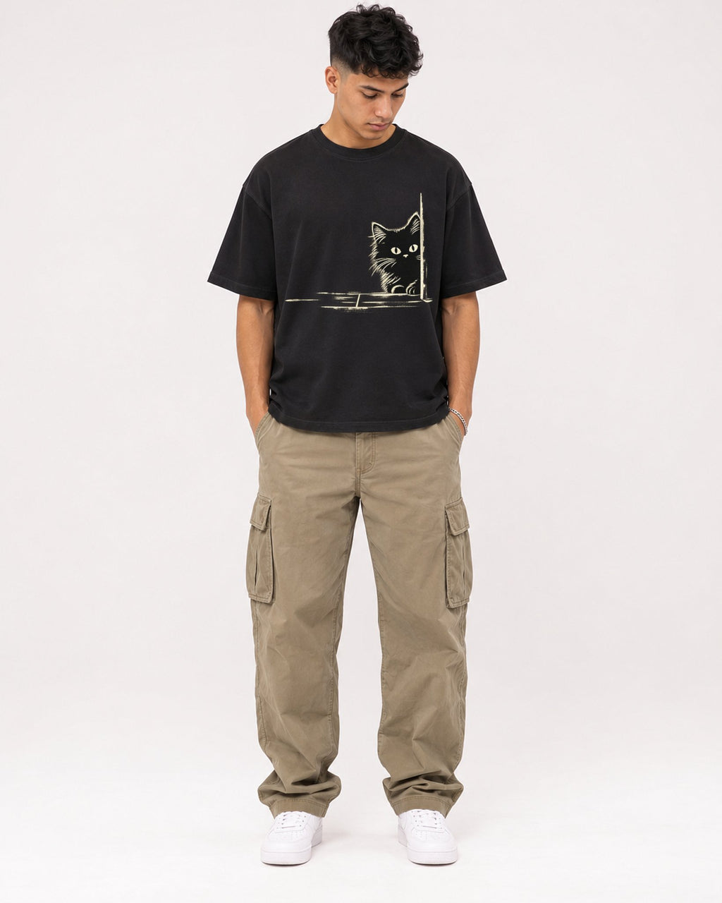 Mockup Boxy Heavyweight Tee Black male full-body 16