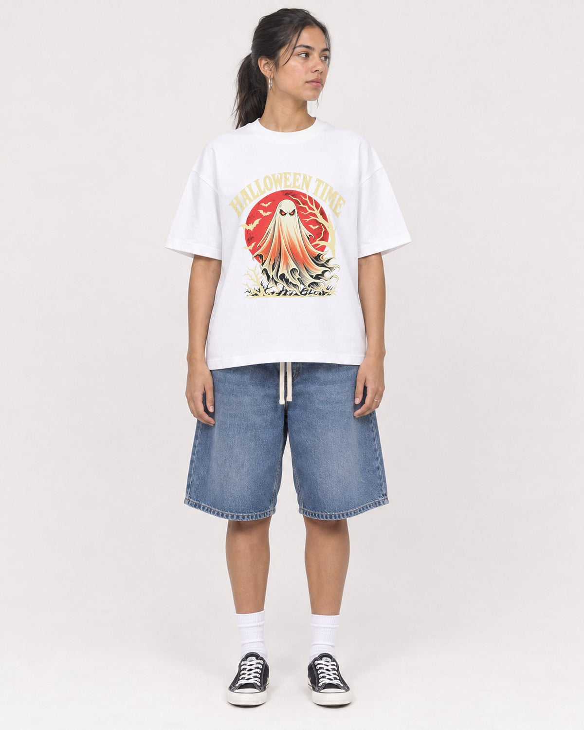 Mockup Boxy Heavyweight Tee White female full-body 16