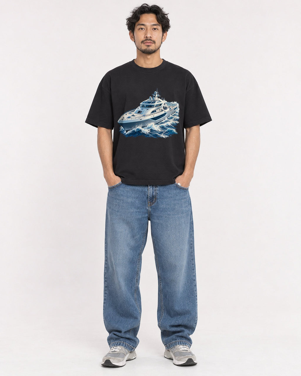 Mockup Boxy Heavyweight Tee Black male full-body 02