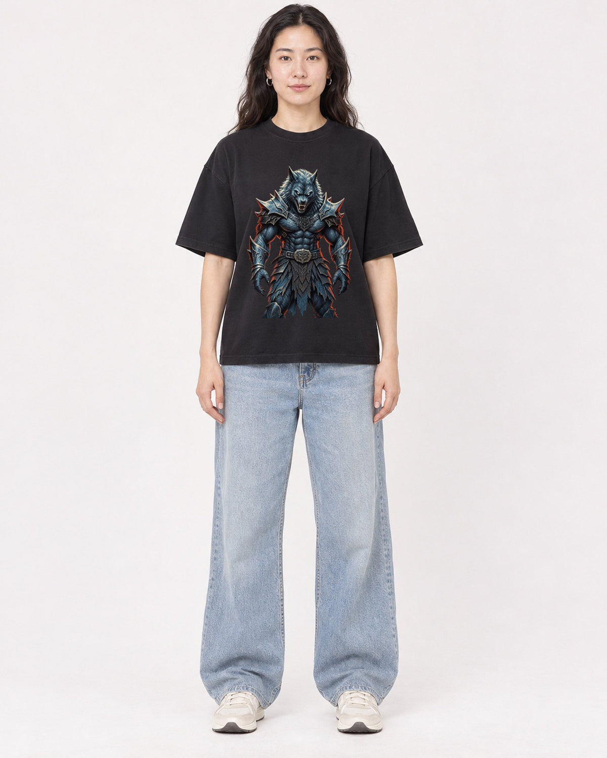 Mockup Boxy Heavyweight Tee Black female full-body 03