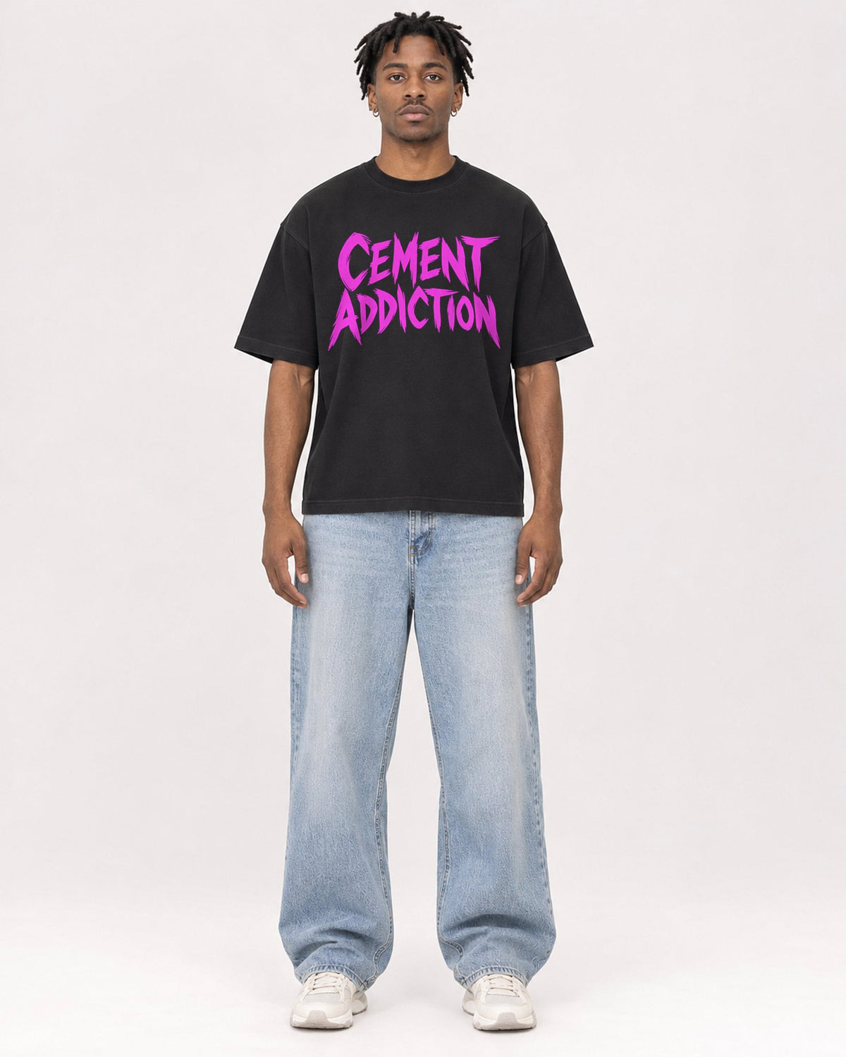 Mockup Boxy Heavyweight Tee Black male full-body 05