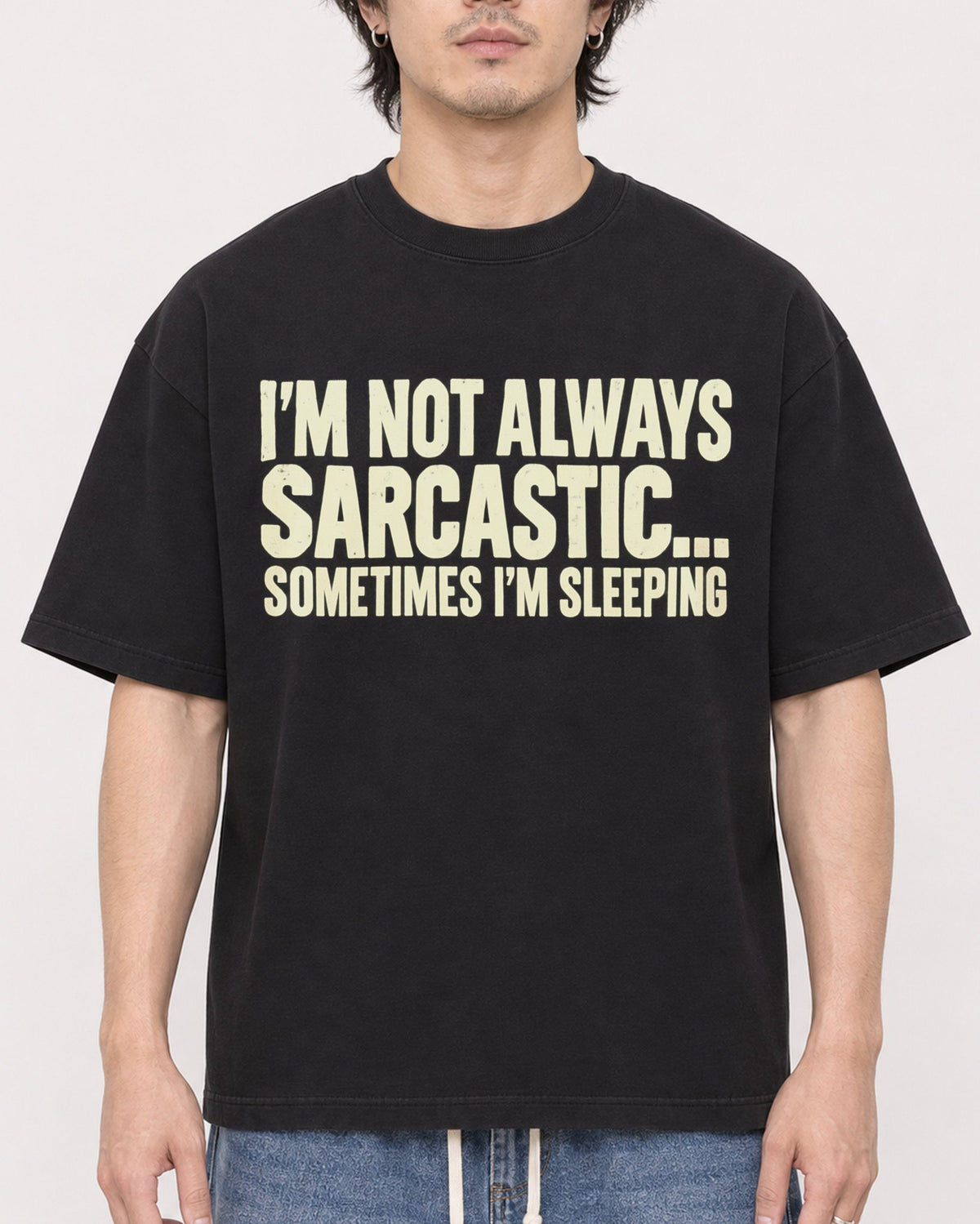 Mockup Boxy Heavyweight Tee Black male close-up 03