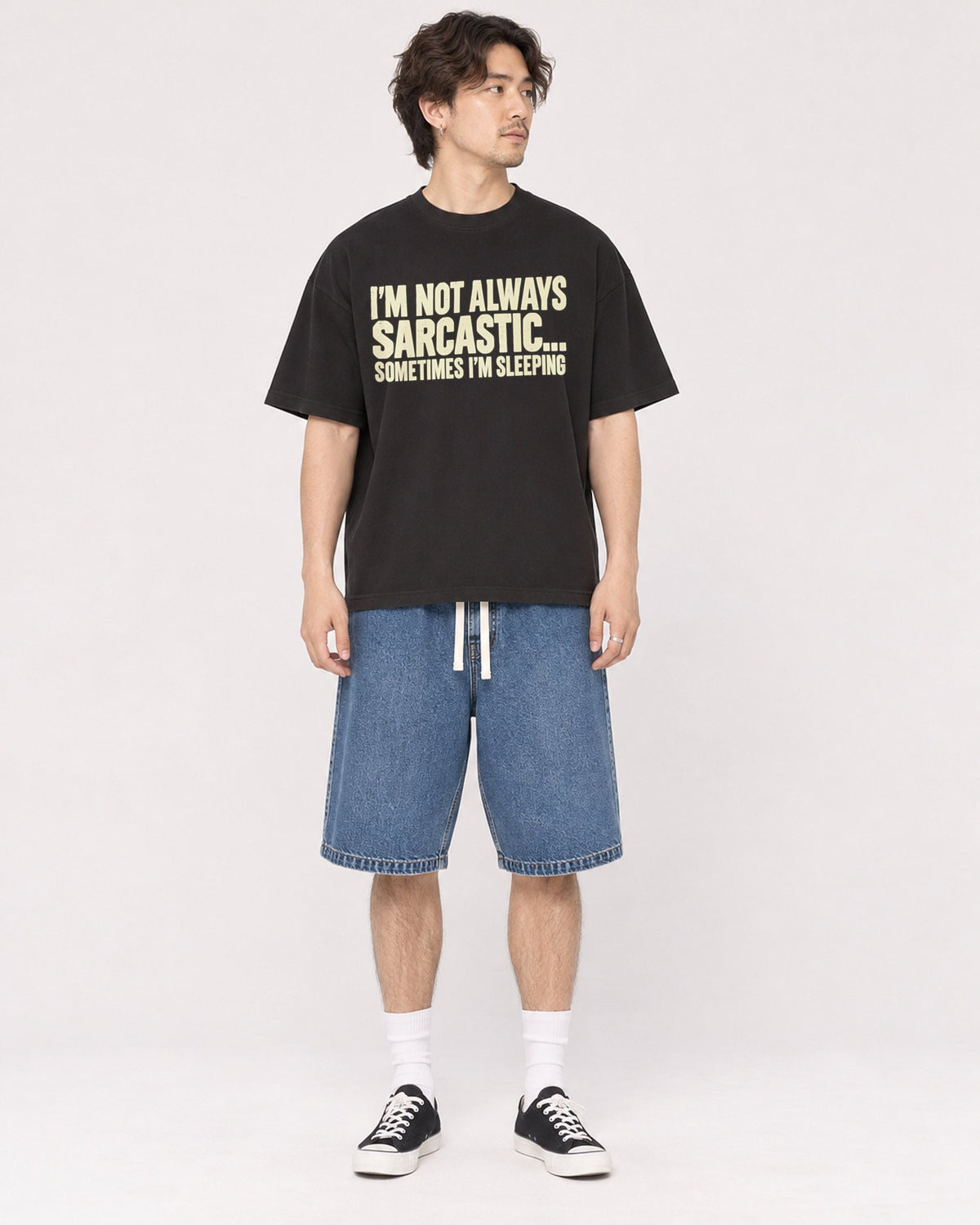 Mockup Boxy Heavyweight Tee Black male full-body 03