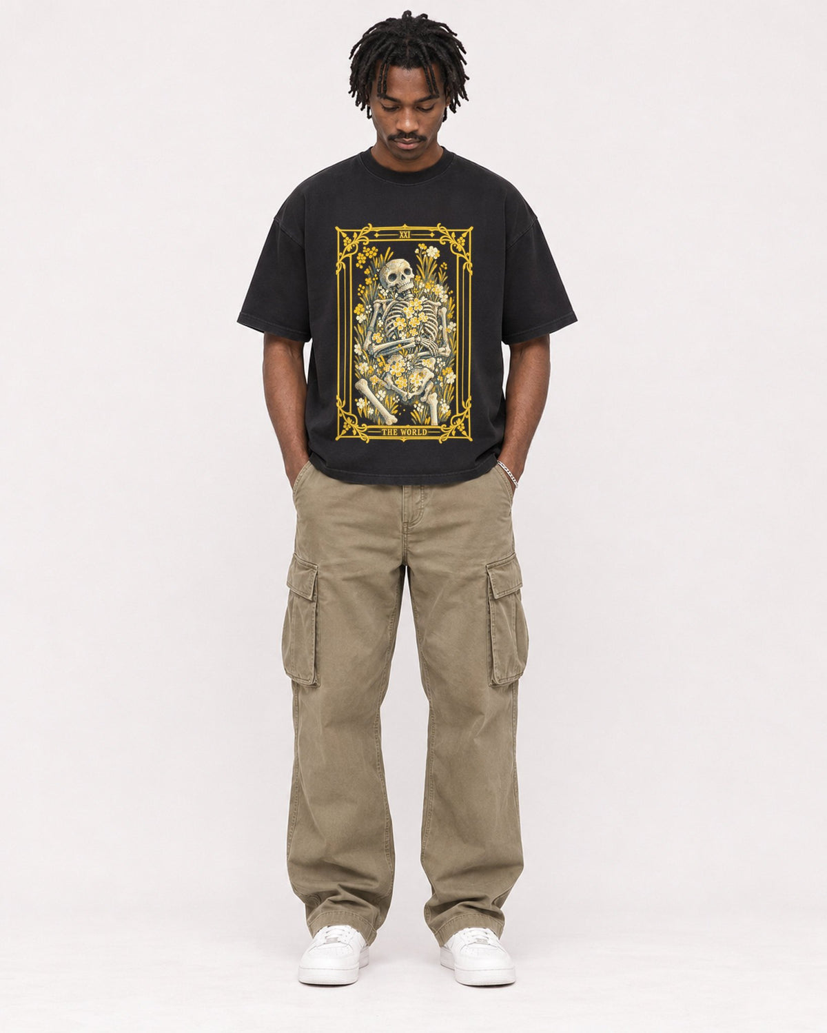 Mockup Boxy Heavyweight Tee Black male full-body 04