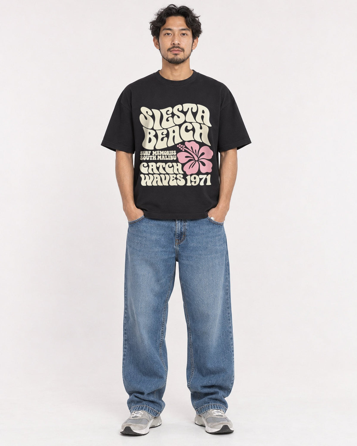 Mockup Boxy Heavyweight Tee Black male full-body 02