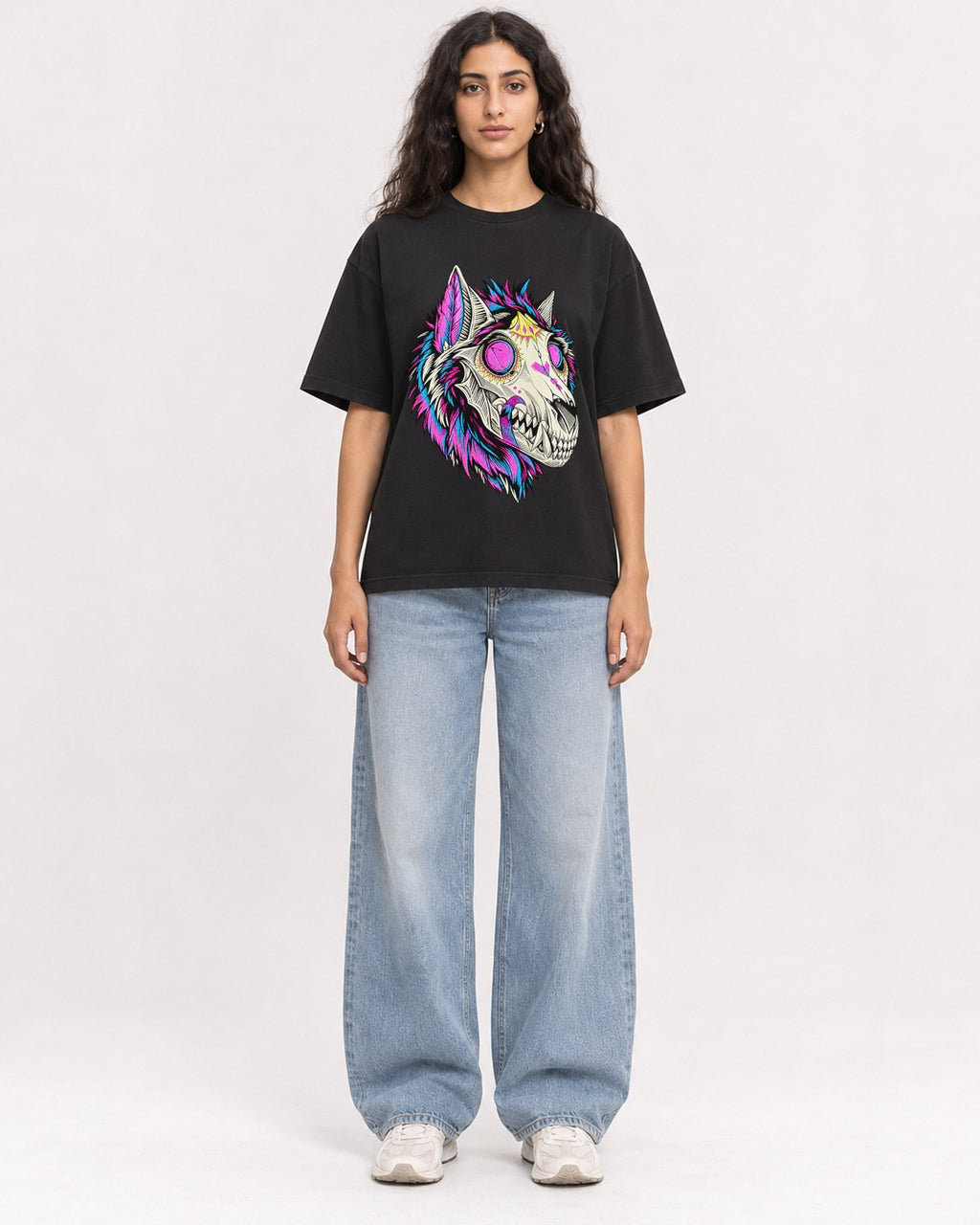 Mockup Boxy Heavyweight Tee Black female full-body 07