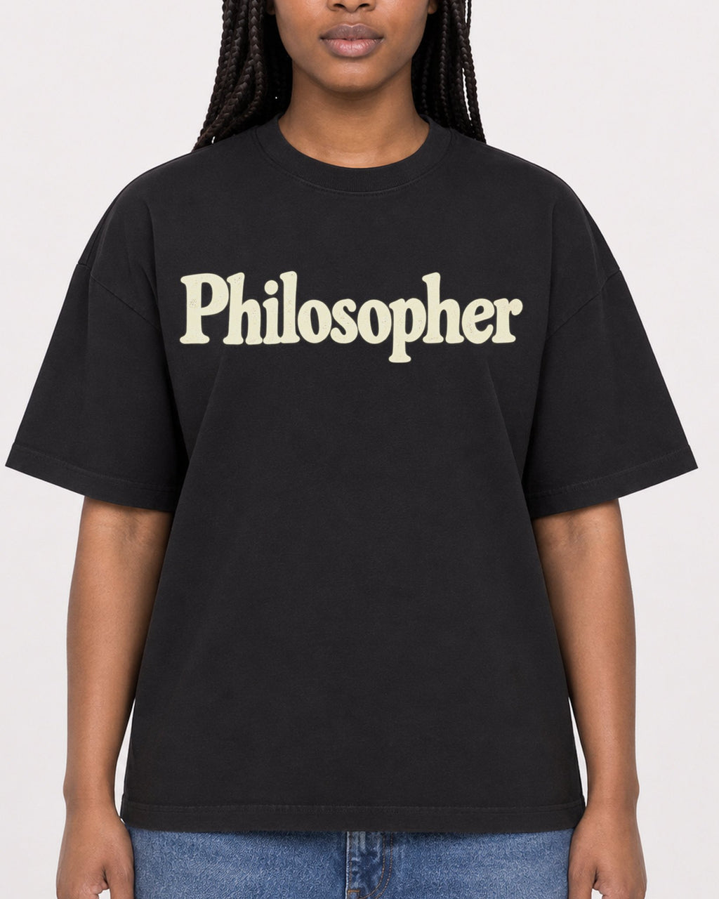 Mockup Boxy Heavyweight Tee Black female close-up 04