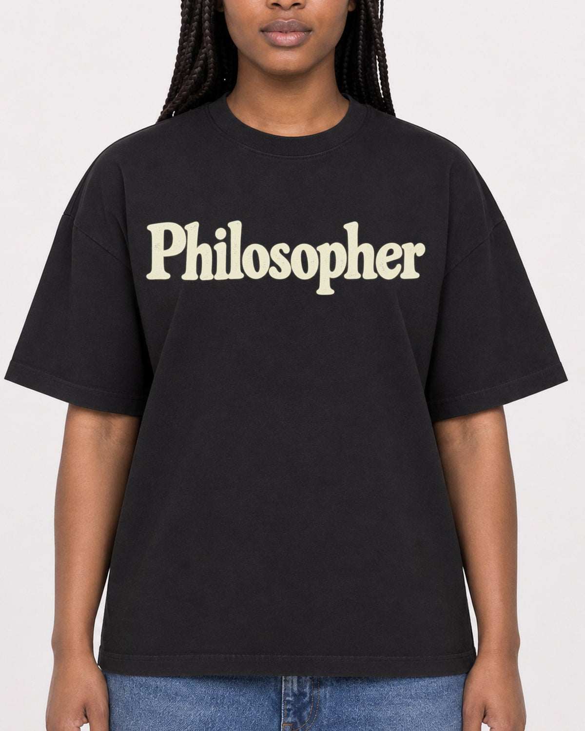 Mockup Boxy Heavyweight Tee Black female close-up 04