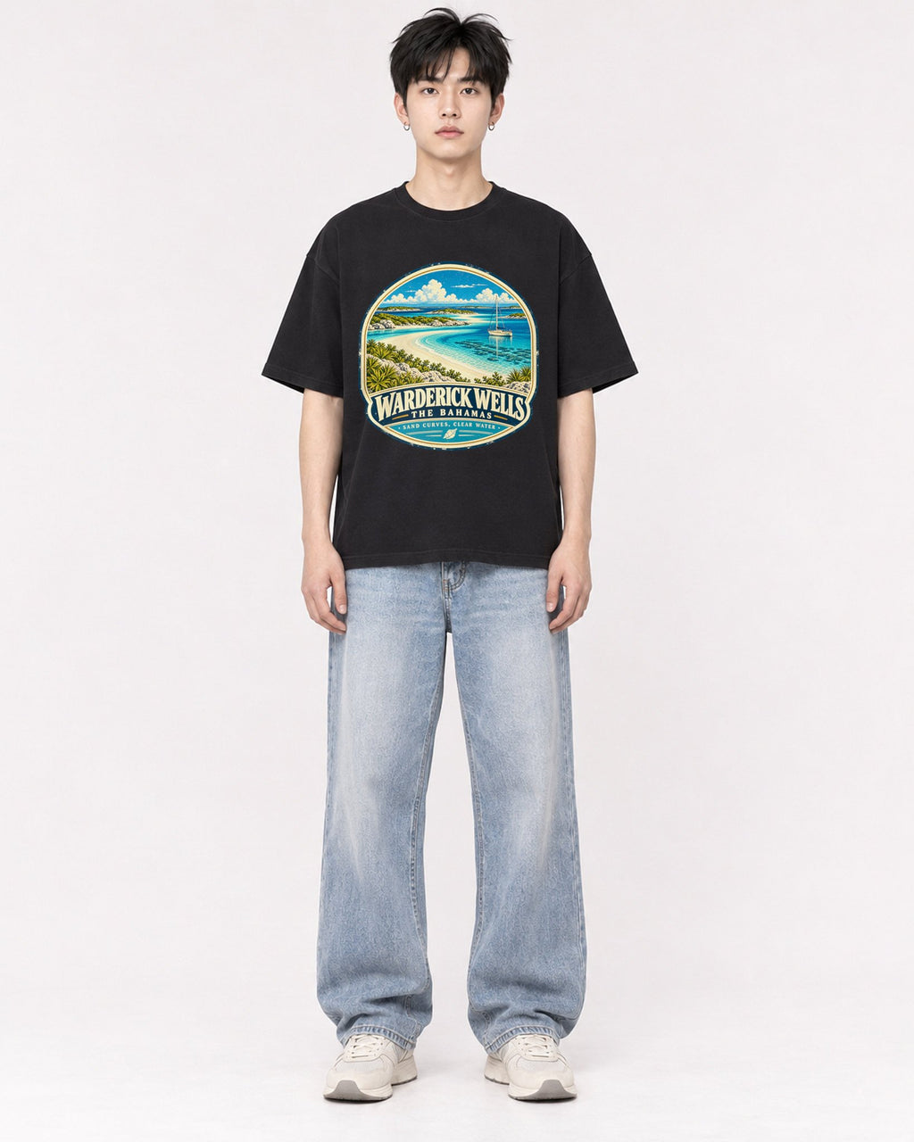 Mockup Boxy Heavyweight Tee Black male full-body 01