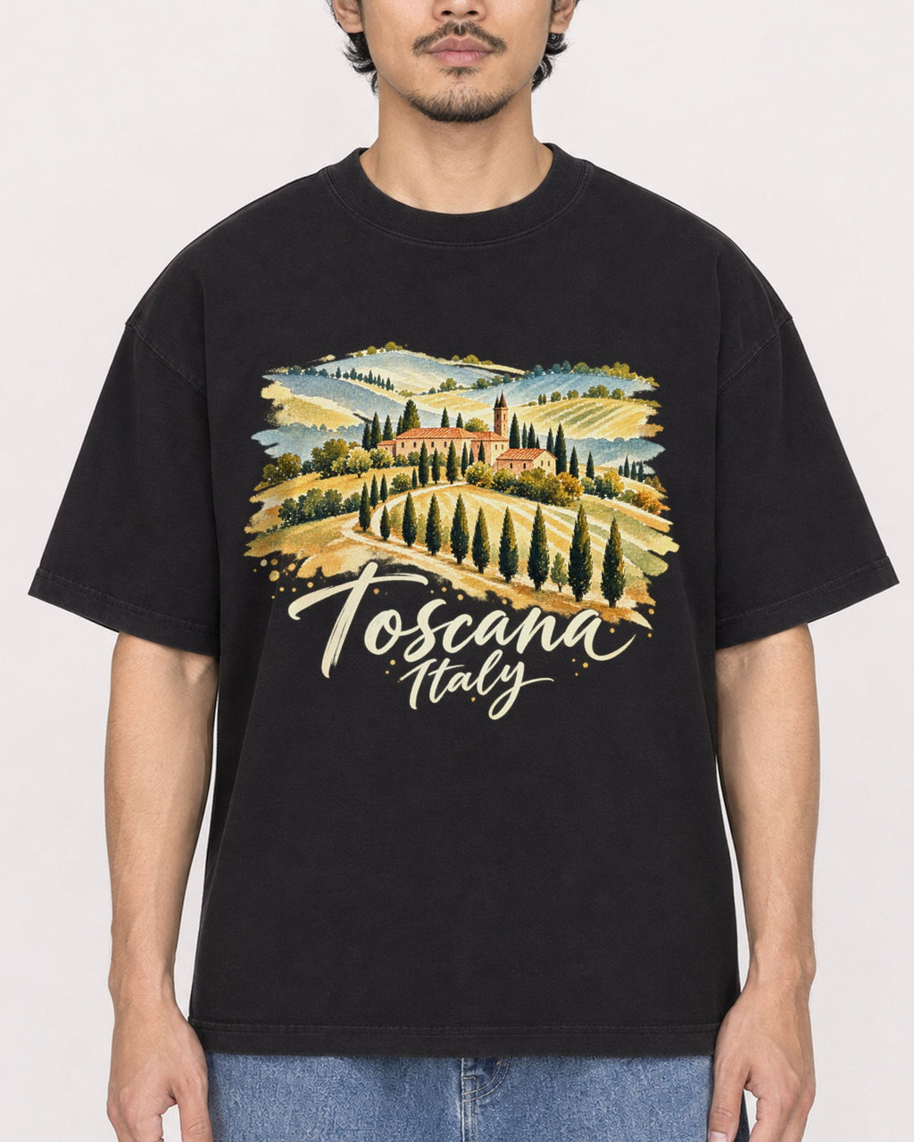 Mockup Boxy Heavyweight Tee Black male close-up 02