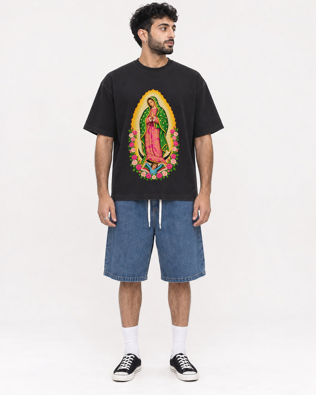 Mockup Boxy Heavyweight Tee Black male full-body 07