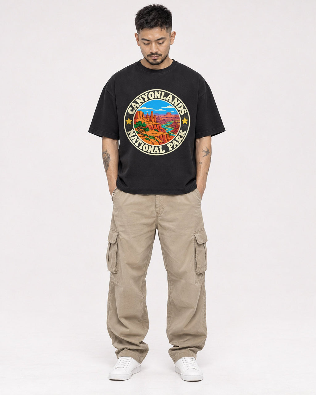 Mockup Boxy Heavyweight Tee Black male full-body 12