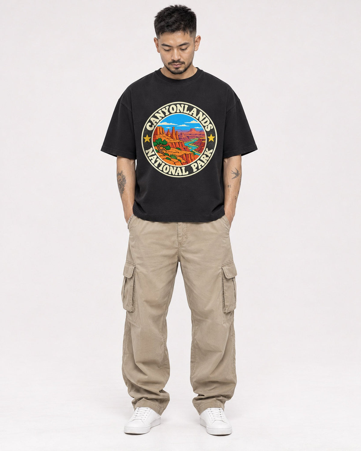 Mockup Boxy Heavyweight Tee Black male full-body 12