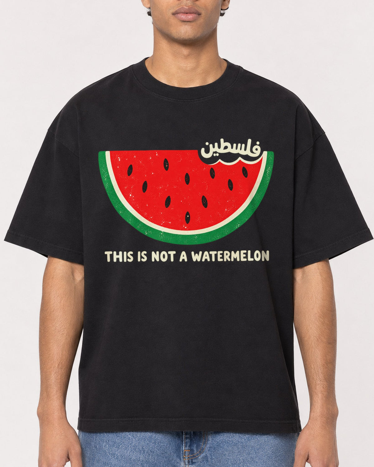 Mockup Boxy Heavyweight Tee Black male close-up 10