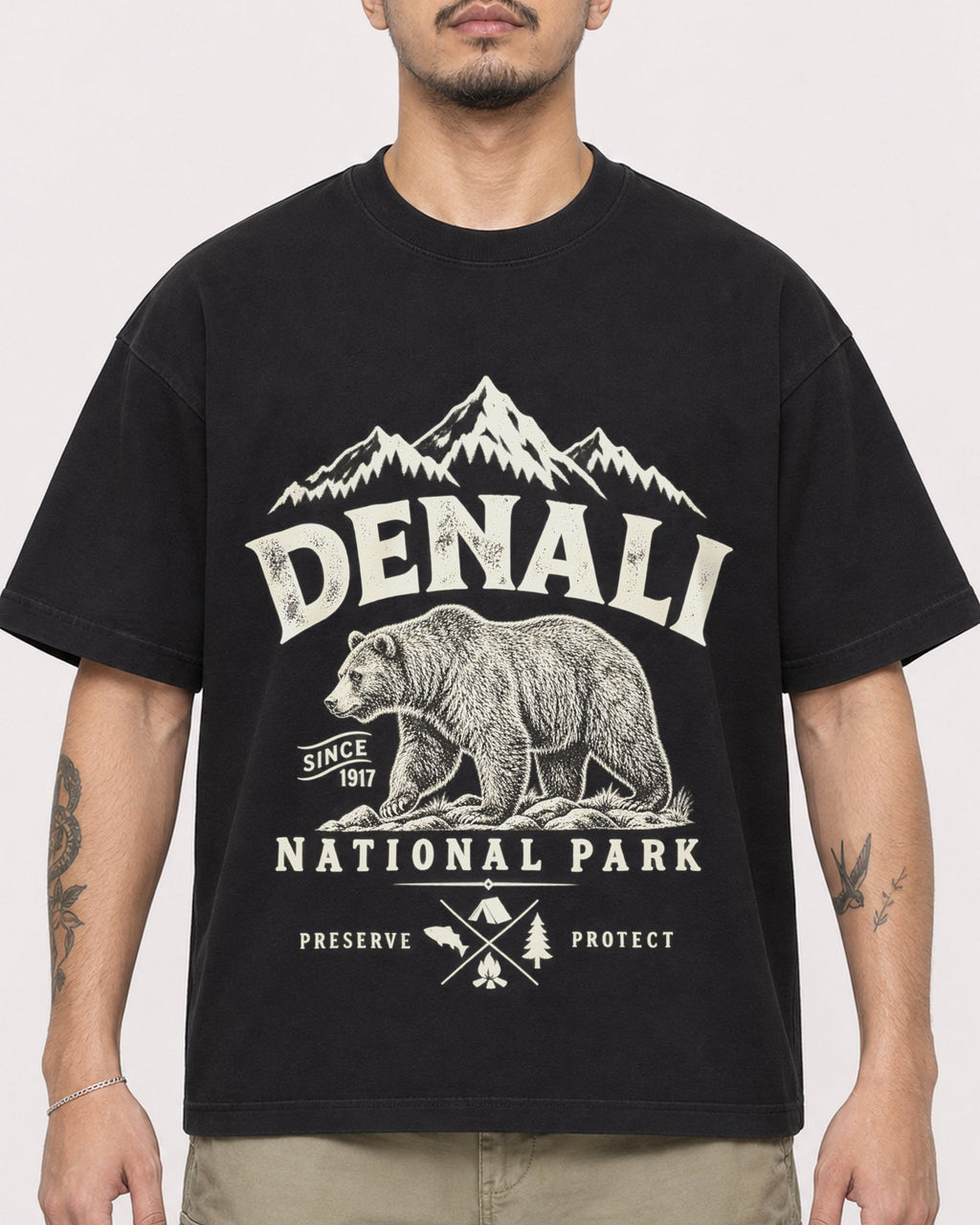 Mockup Boxy Heavyweight Tee Black male close-up 12