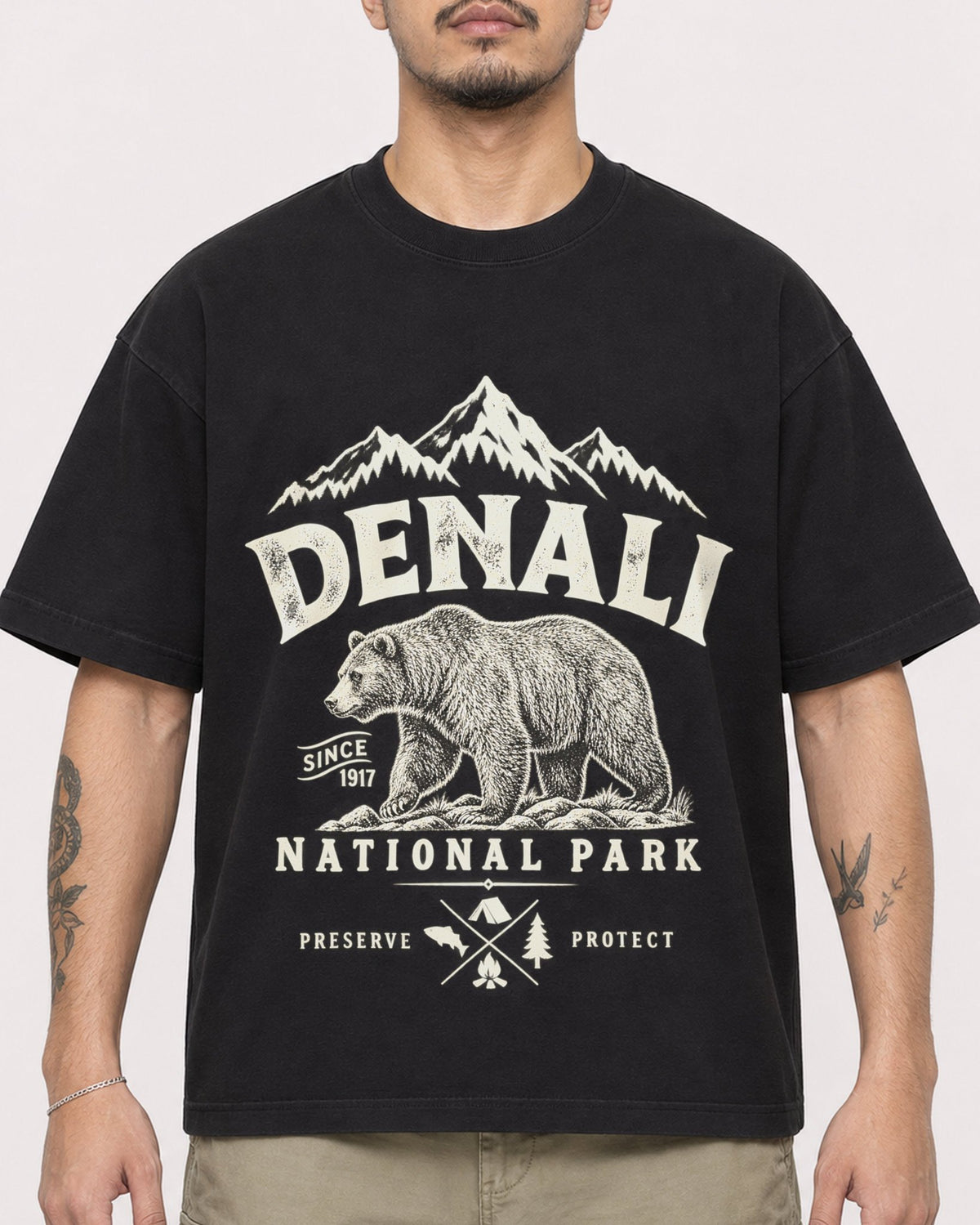 Mockup Boxy Heavyweight Tee Black male close-up 12