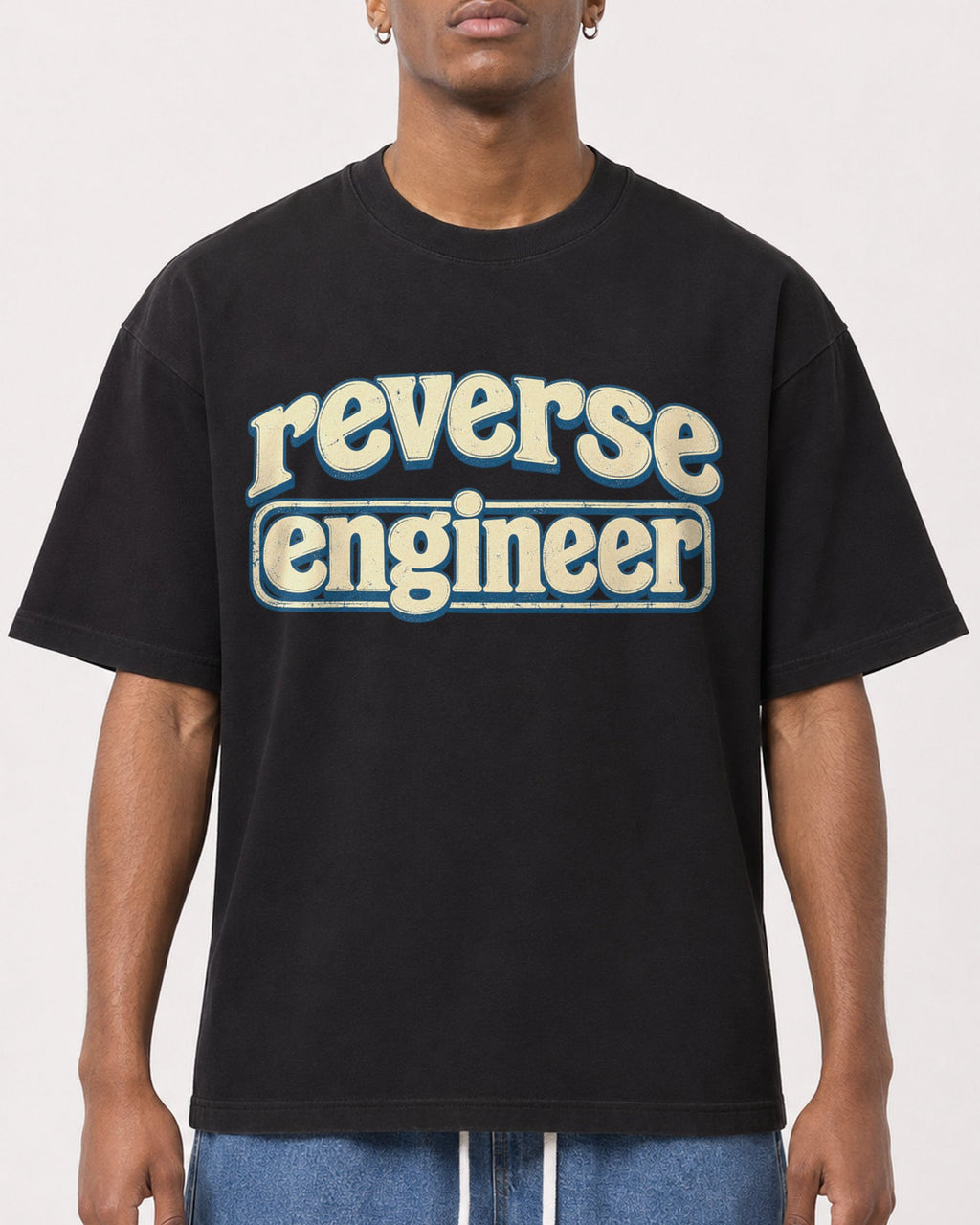 Mockup Boxy Heavyweight Tee Black male close-up 15