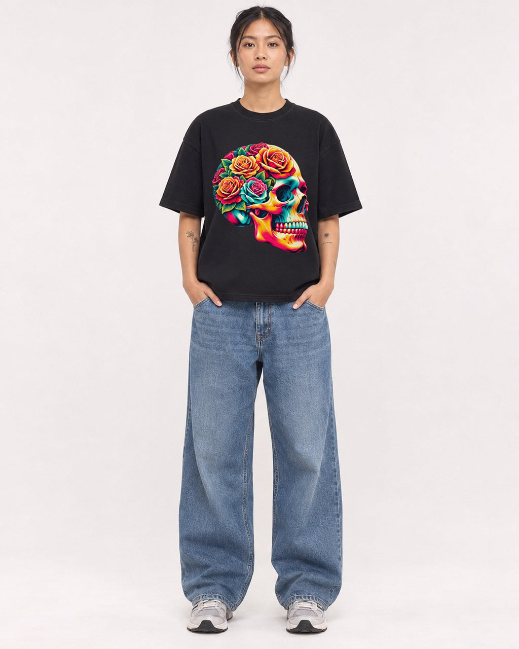 Mockup Boxy Heavyweight Tee Black female full-body 12