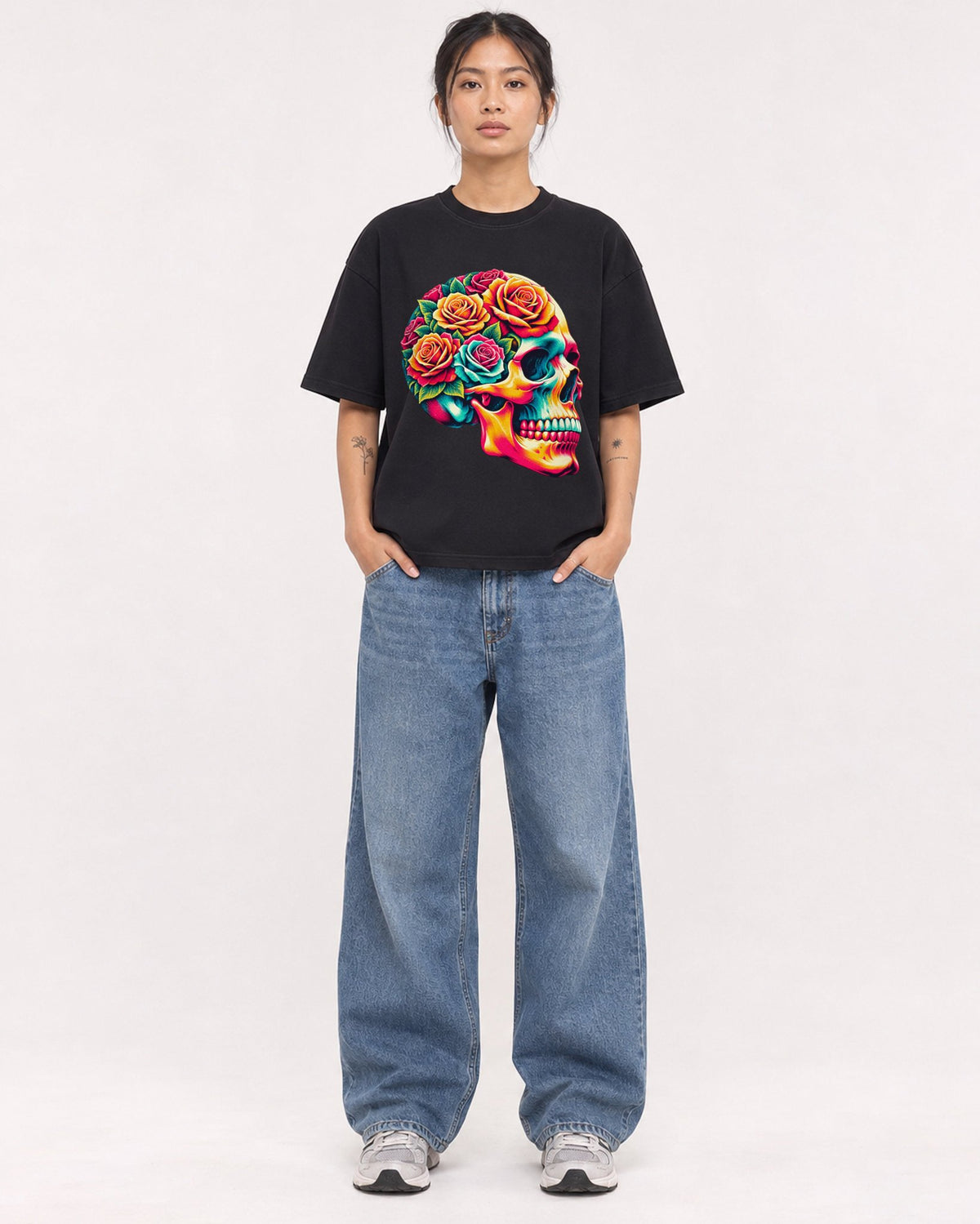 Mockup Boxy Heavyweight Tee Black female full-body 12