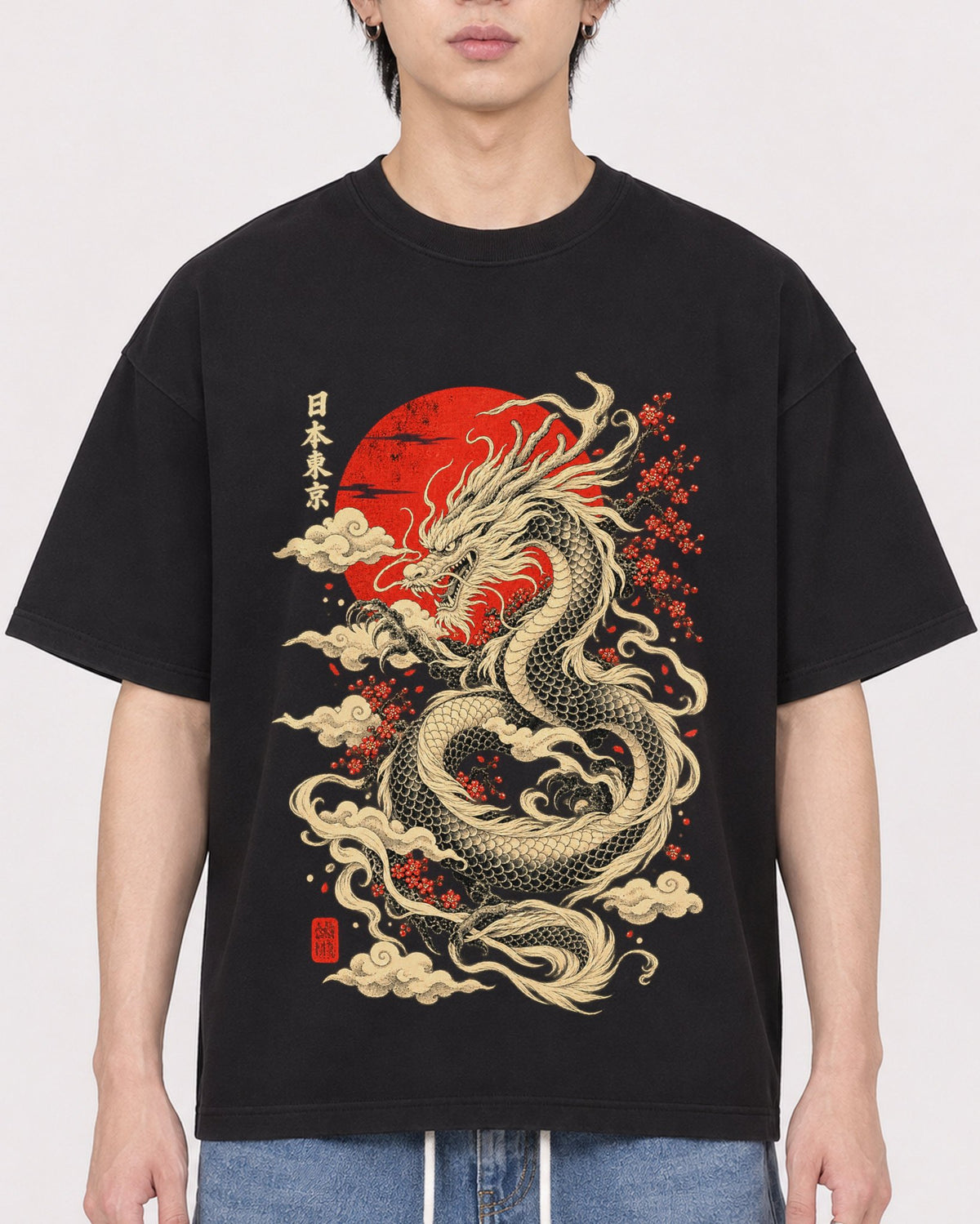 Mockup Boxy Heavyweight Tee Black male close-up 11