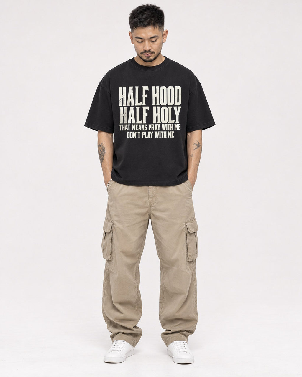 Mockup Boxy Heavyweight Tee Black male full-body 12
