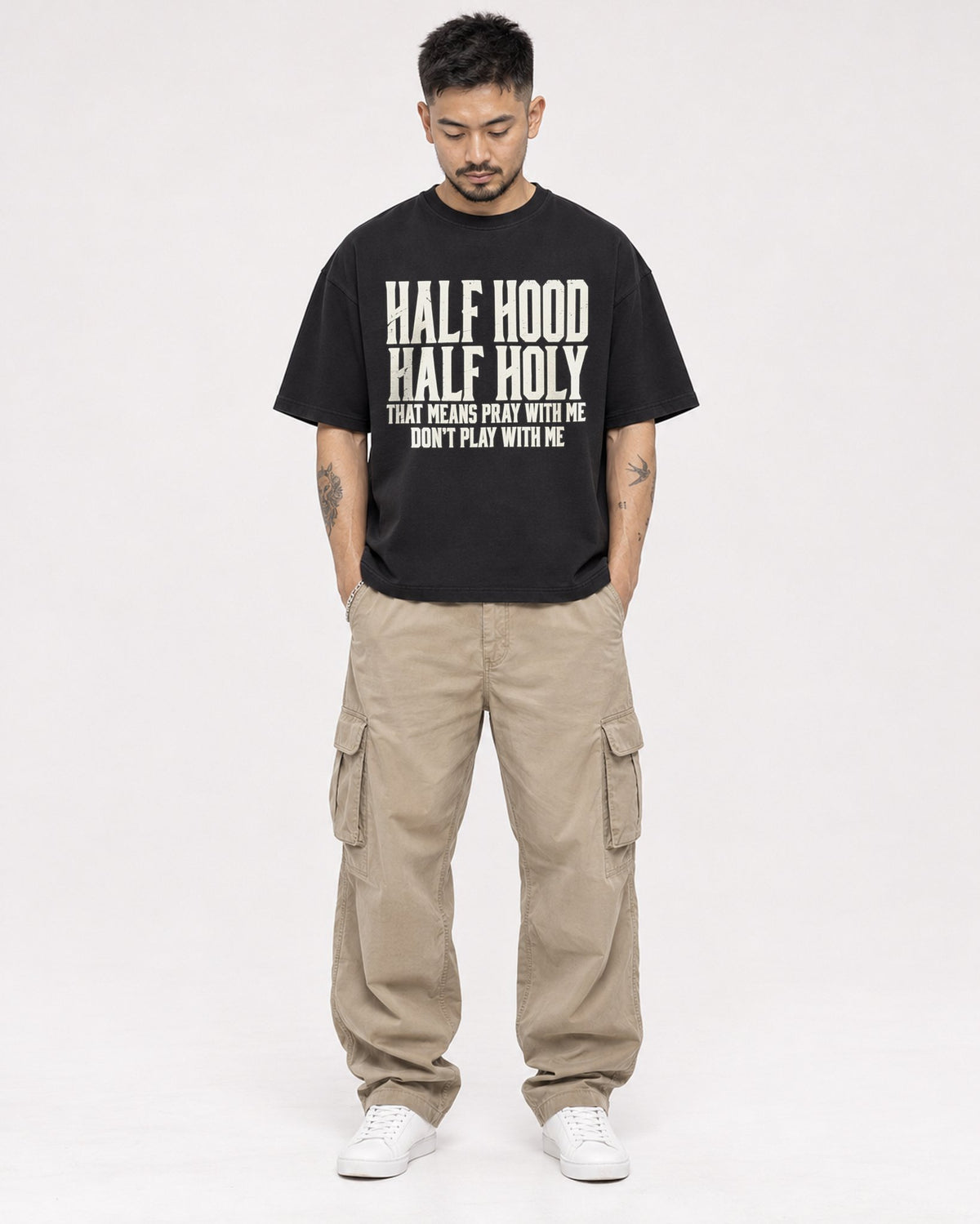 Mockup Boxy Heavyweight Tee Black male full-body 12