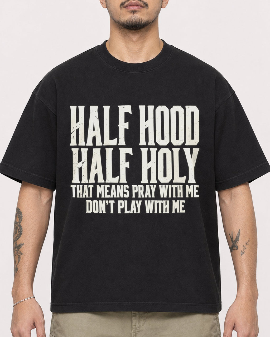 Mockup Boxy Heavyweight Tee Black male close-up 12