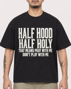 Mockup Boxy Heavyweight Tee Black male close-up 12