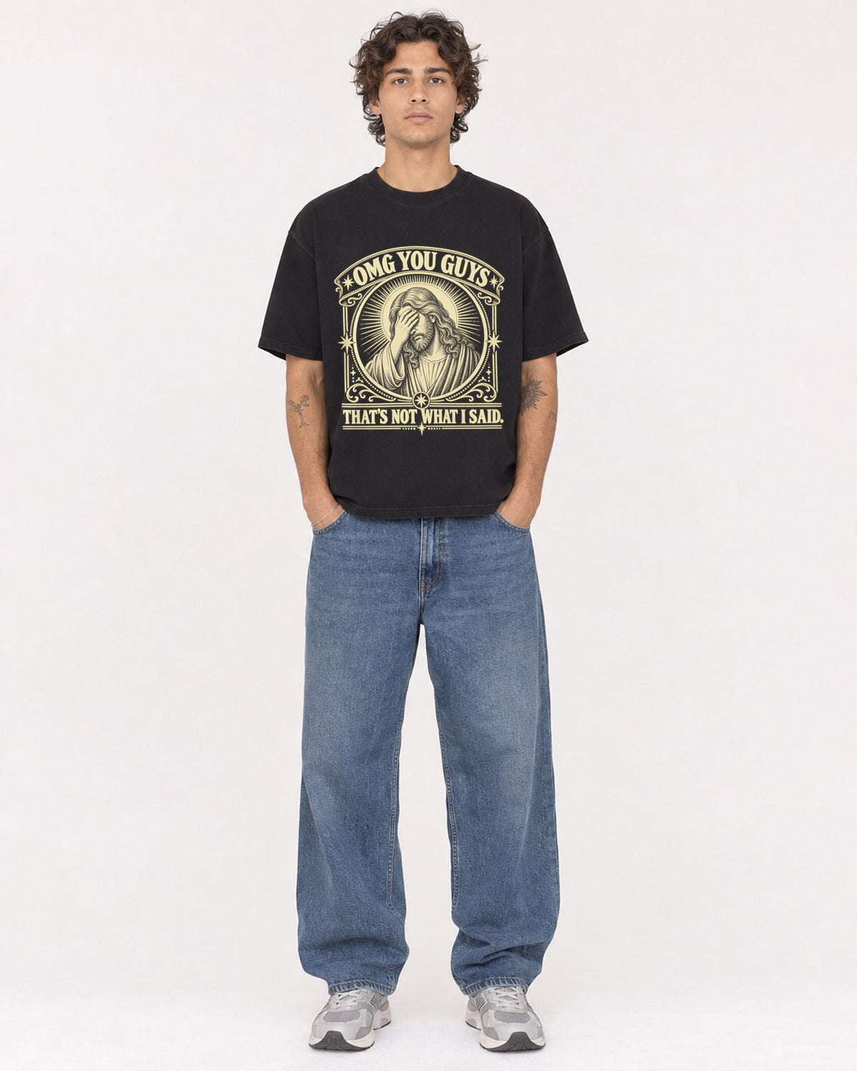 Mockup Boxy Heavyweight Tee Black male full-body 30
