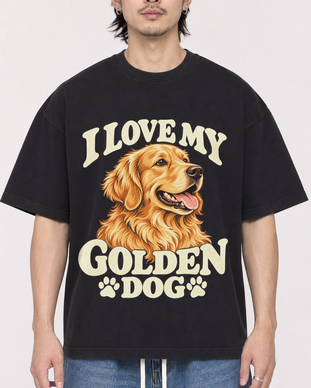 Mockup Boxy Heavyweight Tee Black male close-up 23