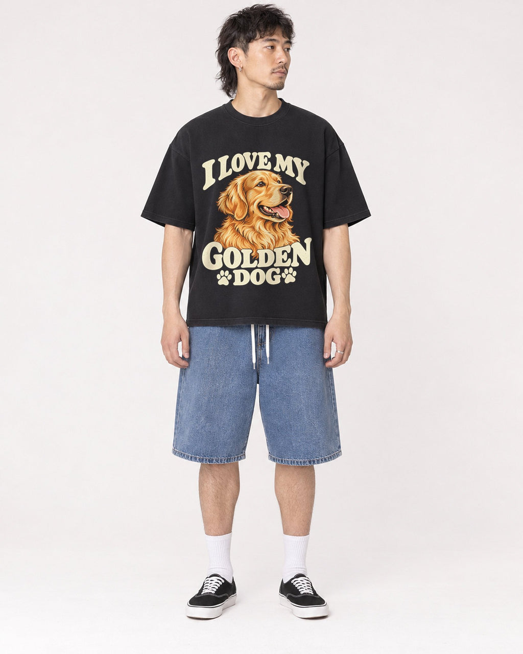 Mockup Boxy Heavyweight Tee Black male full-body 23
