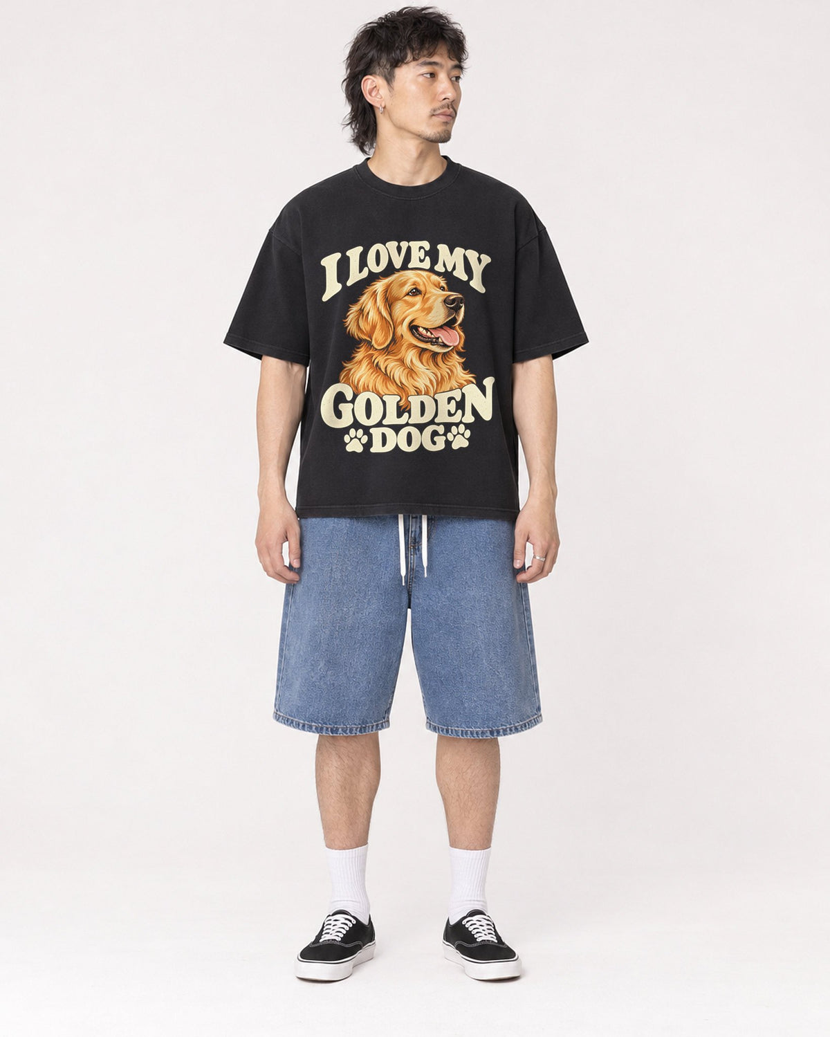 Mockup Boxy Heavyweight Tee Black male full-body 23