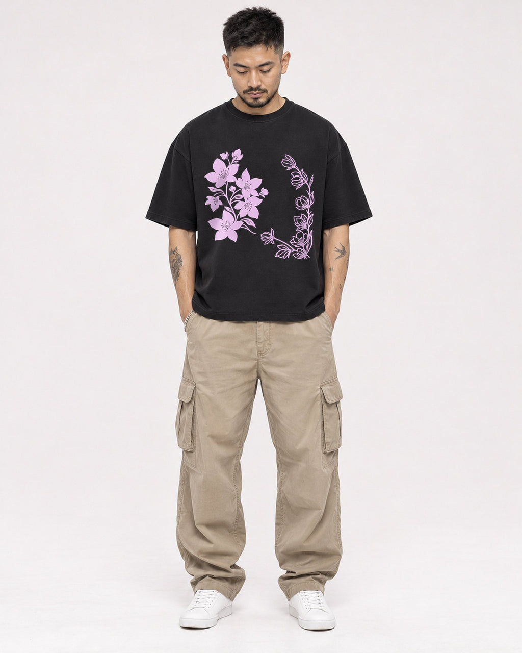 Mockup Boxy Heavyweight Tee Black male full-body 12