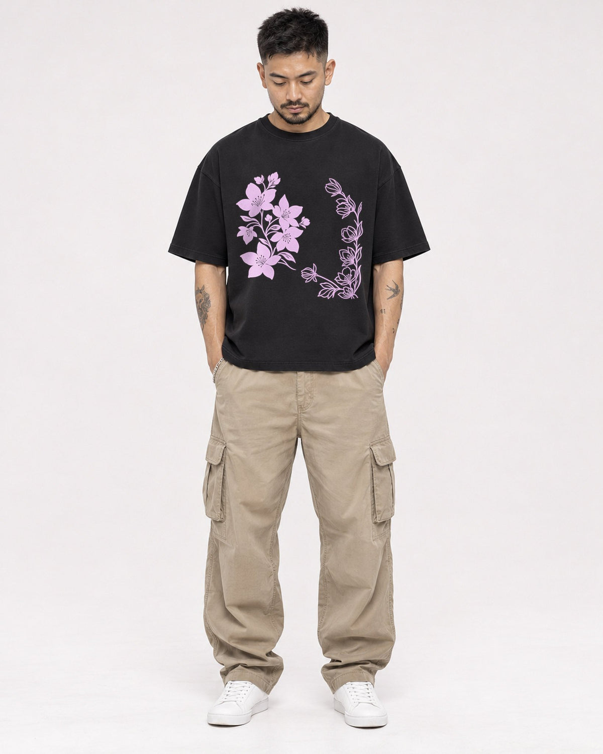 Mockup Boxy Heavyweight Tee Black male full-body 12